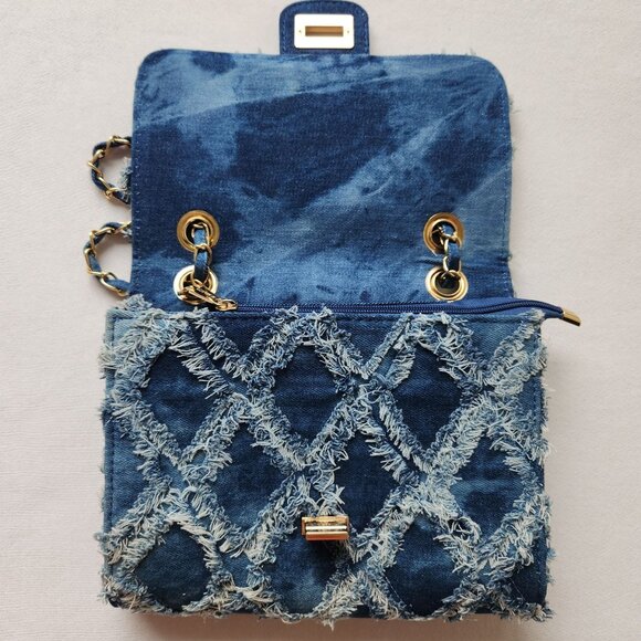 M. Marco MKP Quilted Distressed Denim Jean Handbag Crossbody Gold Chain Y2K 90s - Picture 9 of 12